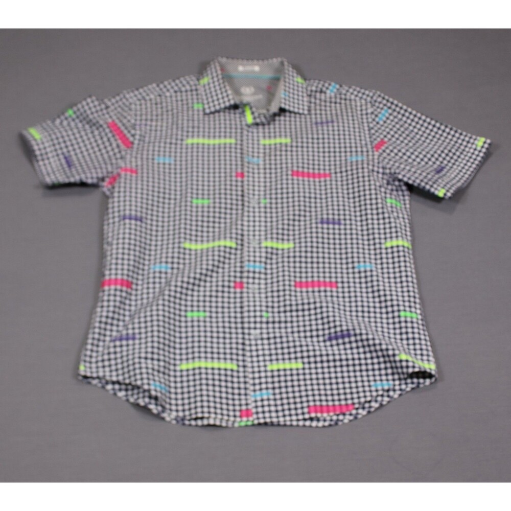 BUGATCHI UOMO Shaped Fit Shirt Blue Gingham neon Abstract Cotton Blend Sz L